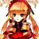  blonde_hair blush bonnet bow dress drill_hair flower green_eyes happytreefriendspikapika long_hair looking_at_viewer open_mouth ribbon rose rozen_maiden shinku simple_background smile solo twintails very_long_hair 