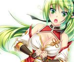  alternate_costume ara_han ara_han_(cosplay) blush breasts cleavage cleavage_cutout cosplay detached_sleeves elf elsword green_eyes green_hair hair_ornament large_breasts little_xia_(elsword) long_hair open_mouth pointy_ears ponytail rena_(elsword) ribbon solo surprised tsukimi_kirara white_sleeves wind_sneaker_(elsword) 