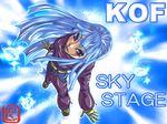  belt blue_hair blue_sky chaps cropped_jacket eyelashes flying gloves ice kof_sky_stage kula_diamond lips long_hair nikuji-kun red_eyes sky solo the_king_of_fighters 