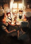  apron bad_id bad_tumblr_id brown_hair chef_hat chopping cooking copyright_request hat highres kitchen kitchen_knife ladle multiple_girls pot purple_eyes saimon_ma sleeves_rolled_up window 
