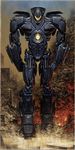  city fire gipsy_danger highres mecha no_humans official_art pacific_rim production_art realistic ruins scan science_fiction smoke traditional_media walking 