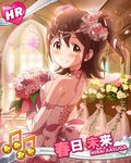  artist_request beamed_eighth_notes blush bouquet brown_eyes brown_hair card_(medium) character_name choker church dress elbow_gloves flower from_behind gloves hair_flower hair_ornament idolmaster idolmaster_million_live! jewelry kasuga_mirai looking_back musical_note official_art one_side_up pink_flower pink_rose ribbon rose smile solo wedding_dress white_flower white_rose 