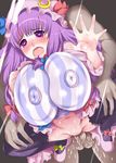  1girl absurdres against_glass blush breast_press breasts breasts_on_glass clothed_female_nude_male glass hat held_up highres huge_breasts huge_nipples long_hair mozuku_(djpw) navel open_mouth patchouli_knowledge purple_eyes purple_hair sex spread_legs testicles thighhighs touhou uncensored vaginal 