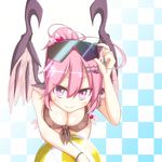  alternate_hairstyle animal_ears ball bikini breasts brown_bikini cleavage earlgrey eyewear_on_head fingernails green_nails hair_bobbles hair_ornament hairclip long_fingernails medium_breasts mystia_lorelei nail_polish pink_eyes pink_hair ponytail smile solo sunglasses swimsuit touhou wings 