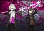  baseball_bat blood brown_hair danganronpa danganronpa_1 hood hoodie komaeda_nagito male_focus mizukai multiple_boys naegi_makoto super_danganronpa_2 target white_hair yellow_eyes 