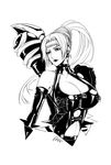  1girl axe breasts bust cleavage cleavage_cutout comipa earrings huge_breasts huge_weapon jewelry large_breasts leather leotard long_hair midriff monochrome ninja_gaiden paolo_antonio_aguasin ponytail rachel rachel_(ninja_gaiden) upper_body weapon 