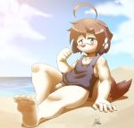  4_toes 5_fingers anthro barefoot beach blue_eyes blush bottomless brown_hair canid canine canis clothed clothing dog feet flaccid foreskin freckles fur hair hindpaw kivwolf looking_at_viewer male mammal pawpads paws penis pubes seaside sitting sky soles solo toes uncut water white_fur 