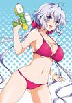  bare_shoulders bikini bracelet breasts collarbone cowboy_shot jewelry large_breasts long_hair nail_polish navel plum_(arch) purple_eyes senki_zesshou_symphogear silver_hair solo strap_gap swimsuit water_gun yukine_chris 