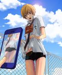  blonde_hair cellphone cellphone_camera cellphone_picture fence free! hazuki_nagisa lens_flare male_focus male_swimwear necktie open_mouth phone red_eyes shirt sign solo_focus swim_briefs swimwear tsugumi_(usakazi) 