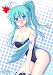 aqua_hair blue_eyes blush bracelet breasts cleavage fang head_fins jewelry leviathan_(shinkai_no_valkyrie) long_hair looking_at_viewer medium_breasts off_shoulder one-piece_swimsuit open_mouth shinkai_no_valkyrie side_ponytail solo surprised sweatdrop swimsuit the-sinner undressing 