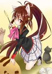  animal_ears bad_id bad_pixiv_id bow brown_hair cat cat_ears cat_teaser doruji lennon little_busters! long_hair natsume_rin pink_bow ponytail red_eyes school_uniform shie_(m417) tail 