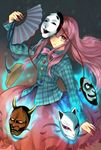  arm_up bad_id bad_pixiv_id bow expressionless face_mask fan folding_fan fox_mask hata_no_kokoro long_hair long_sleeves looking_at_viewer mask oni_mask pink_eyes pink_hair plaid plaid_shirt shiba_0 shirt skirt solo touhou very_long_hair 