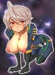  1girl ahoge all_fours blush bodysuit breasts grey_hair huge_breasts jewelry looking_at_viewer necklace nipples no_bra open_clothes orange_eyes pendant pilot_suit skin_tight solo space uchuu_senkan_yamato uchuu_senkan_yamato_2199 uniform yamamoto_akira 