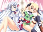  blonde_hair blue_eyes detached_collar dungeon_breaker fang gloves long_hair multiple_girls panties pointy_ears red_eyes silver_hair skywaker thigh_strap twintails underwear 