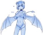  :d blue blush breast_suppress breasts cleavage demon_girl demon_horns demon_tail demon_wings heart horns medium_breasts monochrome monster_farm navel open_mouth pixie_(monster_farm) short_hair smile solo tail utsugi_(skydream) wings 