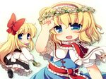  alice_margatroid apron blonde_hair blue_eyes bow capelet dress flower gradient gradient_background hair_bow hairband hand_on_own_face head_wreath leaf lolita_hairband long_hair looking_at_viewer looking_back matatabi_(nigatsu) open_mouth ribbon rose sash shanghai_doll short_hair simple_background smile solo touhou waist_apron white_flower white_rose 