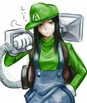  alice:_madness_returns alice_(wonderland) alice_in_wonderland alice_liddell american_mcgee&#039;s_alice american_mcgee's_alice black_hair ceramic_man crossover gloves green_eyes hat long_hair luigi luigi_(cosplay) mario_(series) super_mario_bros. 