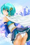  ass blue_eyes blue_hair blush cape elbow_gloves frills from_behind gloves hair_ornament looking_back magical_girl mahou_shoujo_madoka_magica miki_sayaka panties pantyshot short_hair skirt solo underwear white_panties yamasan_(hachiman) 