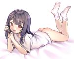  1girl :d ass brown_eyes brown_hair full_body hair_twirling lying medium_hair naked_shirt no_panties on_stomach open_mouth original shirt short_sleeves sketch smile socks sunege_(hp0715) 