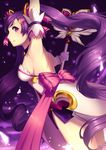  aisha_(elsword) arm_up armpits arms_up back_bow bad_id bad_pixiv_id biahnyang blush bow breasts dimension_witch_(elsword) dress elsword gloves highres holding holding_wand looking_at_viewer medium_breasts outstretched_arms pink_bow profile purple_eyes purple_hair purple_skirt sideboob skirt solo staff wand 