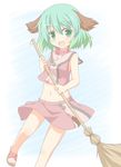  adapted_costume animal_ears bamboo_broom blue_background broom collar fang green_eyes green_hair kasodani_kyouko midriff navel open_mouth sandals shino_megumi short_hair skirt skirt_set smile solo tail touhou 