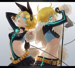  1girl alternate_costume aqua_eyes bad_id bad_pixiv_id belt blonde_hair breasts brother_and_sister cable feather_boa gem glowing glowing_eyes hair_ornament hair_ribbon hairband hairclip kagamine_len kagamine_rin letterboxed lipstick long_sleeves makeup microphone microphone_stand midriff navel neon_trim nokuran otoko_no_ko ribbon short_hair siblings skin_tight small_breasts vocaloid 