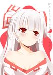  :&lt; absurdres bare_shoulders blush bow breasts cleavage collarbone dress fujiwara_no_mokou hair_bow highres long_hair looking_away off_shoulder red_eyes senbon_tsuki silver_hair simple_background small_breasts solo touhou translated upper_body white_background white_dress 