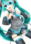  akira_ry0 aqua_hair bad_id bad_pixiv_id blue_eyes detached_sleeves hatsune_miku long_hair microphone necktie open_mouth outstretched_arm simple_background skirt solo thighhighs twintails very_long_hair vocaloid white_background 