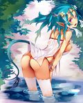  ass black_panties blush breasts elf green_hair head_wreath highres leaning_forward long_hair medium_breasts necolab nipples open_mouth original panties pointy_ears ponytail purple_eyes see-through sideboob solo tail thighhighs underwear wading water white_legwear 