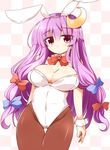  alternate_costume animal_ears bow bowtie breasts brown_legwear bunny_girl bunnysuit checkered checkered_background cleavage crescent crescent_hair_ornament detached_collar fake_animal_ears hair_bow hair_ornament highres large_breasts long_hair looking_at_viewer pantyhose patchouli_knowledge purple_eyes purple_hair shirogane_(platinum) solo touhou wrist_cuffs 