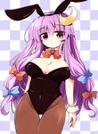  alternate_costume animal_ears bow bowtie breasts brown_legwear bunny_girl bunnysuit checkered checkered_background cleavage crescent crescent_hair_ornament detached_collar fake_animal_ears hair_bow hair_ornament highres large_breasts long_hair looking_at_viewer pantyhose patchouli_knowledge purple_eyes purple_hair shirogane_(platinum) solo touhou wrist_cuffs 