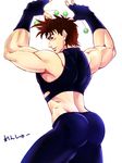  666k ass bola_(weapon) brown_hair fingerless_gloves gloves green_eyes jojo_no_kimyou_na_bouken joseph_joestar_(young) male_focus manly midriff muscle solo 