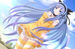  blue_eyes blue_hair bow kazenokaze long_hair ribbons tagme thighhighs 