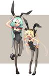  ;d animal_ears arm_up black_legwear blonde_hair blue_eyes blush bow breasts bunny_ears bunny_girl bunny_tail bunnysuit cleavage fake_animal_ears full_body green_eyes green_hair hair_bow hand_on_hip high_heels katahira_masashi long_hair looking_at_viewer medium_breasts multiple_girls one_eye_closed open_mouth original pantyhose revision shoe_dangle shoes smile standing standing_on_one_leg tail twintails v wrist_cuffs 