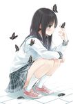  black_eyes black_hair blush bug butterfly converse insect leg_hug long_hair maigoyaki original school_uniform shoes skirt sneakers socks squatting 