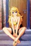  absurdres bare_shoulders bike_shorts blonde_hair breasts cleavage commentary_request feet highres iori1112 long_hair medium_breasts navel purple_eyes rwby sandals sitting solo spread_toes strapless toenail_polish toes tubetop yang_xiao_long 