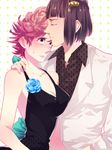  1girl bad_id bad_pixiv_id blue_eyes blush bob_cut forehead_kiss hetero jojo_no_kimyou_na_bouken kiss midriff pink_hair purinnkawayusu trish_una 