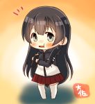  1girl agano_(kantai_collection) bangs black_hair blush chibi commentary_request eating eyebrows_visible_through_hair grey_eyes hair_between_eyes highres holding jacket kantai_collection long_hair long_sleeves looking_at_viewer open_mouth simple_background skirt smile solo standing taisa_(kari) thighhighs very_long_hair white_legwear 