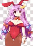  alternate_costume animal_ears bow bowtie breasts bunnysuit checkered checkered_background cleavage crescent crescent_hair_ornament detached_collar fake_animal_ears hair_ornament highres large_breasts long_hair pantyhose patchouli_knowledge purple_eyes purple_hair shirogane_(platinum) solo touhou wrist_cuffs 