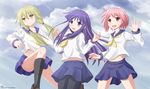  blonde_hair hinata_yukari ichii_yui kazenokaze nonohara_yuzuko purple_eyes purple_hair red_eyes red_hair seifuku yellow_eyes yuyushiki 