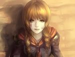  akademeia_uniform ask_(askzy) bangs blood blood_on_face braid brown_eyes brown_hair cape cinque_(fft-0) crying drill_hair final_fantasy final_fantasy_type-0 long_hair realistic solo teeth upper_body 