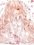  bare_shoulders blonde_hair dress eyepatch flower frilled_dress frills hair_flower hair_ornament hand_to_own_mouth kirakishou komeshiro_kasu lolita_fashion long_hair long_sleeves looking_at_viewer open_mouth petals pink_flower pink_rose rose rozen_maiden solo very_long_hair white_dress wide_sleeves yellow_eyes 