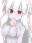  bad_id bad_pixiv_id blue_skin blush breasts medium_breasts mouth_hold nightmare_cat nipples no_bra panties panties_in_mouth panties_on_breasts pixiv_mahou_gakuen red_eyes solo striped striped_panties underwear white_hair 