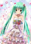  bad_id bad_pixiv_id blush bouquet dress flower green_eyes green_hair hatsune_miku heart jewelry long_hair necklace smile solo strapless strapless_dress suzuame_yatsumi twintails veil very_long_hair vocaloid wedding_dress 