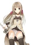  atelier_(series) atelier_ayesha banned_artist black_legwear brown_dress brown_eyes brown_hair choker cropped_jacket dress hair_ornament highres holding huge_weapon lace lace-trimmed_panties lace-trimmed_thighhighs linca_(atelier) long_hair looking_at_viewer n.g. panties solo standing sword thighhighs underwear upskirt weapon white_background white_panties 