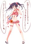  bikini black_hair blush bow clearite frilled_bikini frills full_body hair_bow highres looking_at_viewer love_live! love_live!_school_idol_project open_mouth red_eyes sandals short_hair smile solo swimsuit tattoo thigh_strap towel translated twintails yazawa_nico 