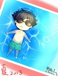  black_hair chibi cigarette emiya_kiritsugu fate/zero fate_(series) floating highres male_focus male_swimwear pink_blade pool solo sunglasses swim_trunks swimwear 