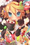  aqua_eyes bag blonde_hair boots bug butterfly candy car cross detached_sleeves food ground_vehicle heart hekicha highres insect instrument kagamine_len keyboard_(instrument) male_focus motor_vehicle nail_polish open_mouth pencil pencil_case pie shoes shorts star stuffed_animal stuffed_toy teddy_bear teeth vocaloid zipper 