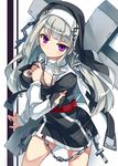  belt black_dress breasts chain cross detached_sleeves dress grey_hair habit holding kiyoichi_(acacia_soukyoukai) long_hair long_sleeves looking_at_viewer medium_breasts nun original purple_eyes simple_background solo striped striped_background veil white_background 