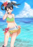  ;p bare_shoulders beach bikini bikini_skirt black_hair blush bracelet breasts cleavage day earrings flower frilled_bikini frills green_bikini hair_bobbles hair_flower hair_ornament highres ishinagiryou jewelry lifted_by_self long_hair looking_at_viewer love_live! love_live!_school_idol_project nail_polish natsuiro_egao_de_1_2_jump! navel necklace ocean one_eye_closed outdoors red_eyes skirt skirt_lift small_breasts smile solo striped striped_bikini swimsuit tongue tongue_out twintails water yazawa_nico 